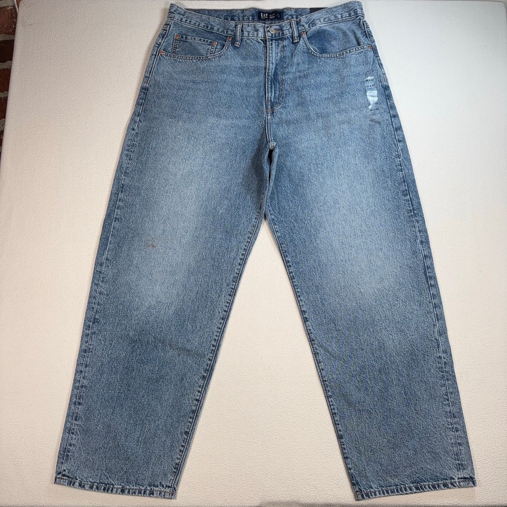 NEW Gap Baggy Jeans Men's 36 (fits 38x32) Light Blue Tapered Cotton Denim *STAIN